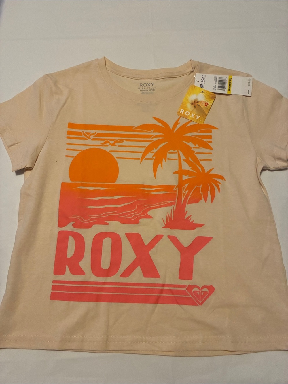 Roxy Peach Tee with Orange & Coral Sunset Graphic